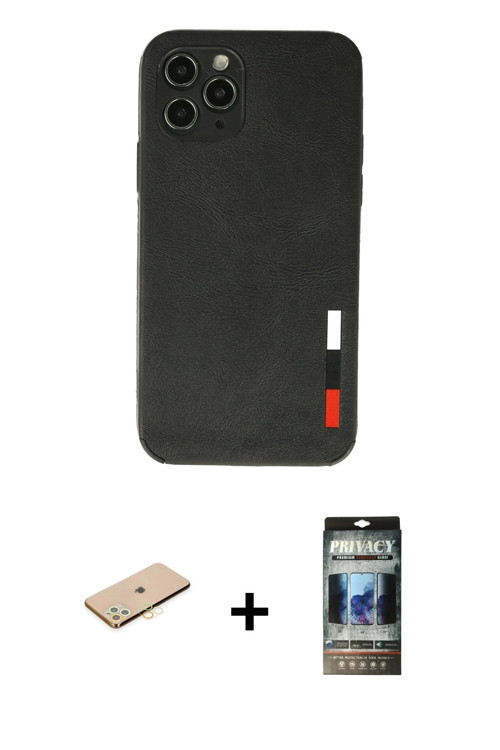 ieg™ iPhone 11 Pro Kılıf Doruk Asil Koleksiyonu - Siyah 34D Hayalet Izgaralı Cam + Sarı Renkli Kamer