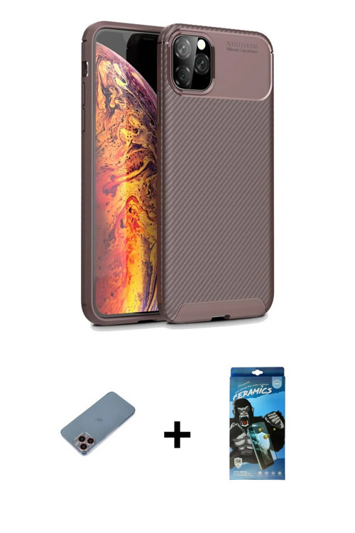 ieg™ iPhone 11 Pro Kılıf Eksen Form Prime - Siyah 34D Izgaralı Cam + Pembe Shine Kamera Lens Koruma