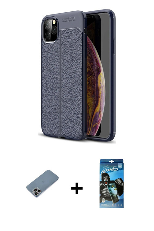 ieg™ iPhone 11 Pro Kılıf Doruk Klasik Özel Seri - Siyah 34D Izgaralı Cam + Gökkuşağı Shine Kamera Le