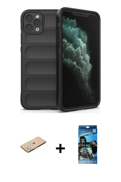 ieg™ iPhone 11 Pro Kılıf Atlas Koleksiyonu - Siyah 34D Izgaralı Cam + Yeşil Renkli Kamera Lens Korum