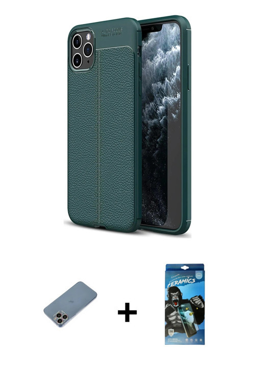 ieg™ iPhone 11 Pro Kılıf Doruk Klasik Özel Seri - Siyah 34D Izgaralı Cam + Gökkuşağı Shine Kamera Le