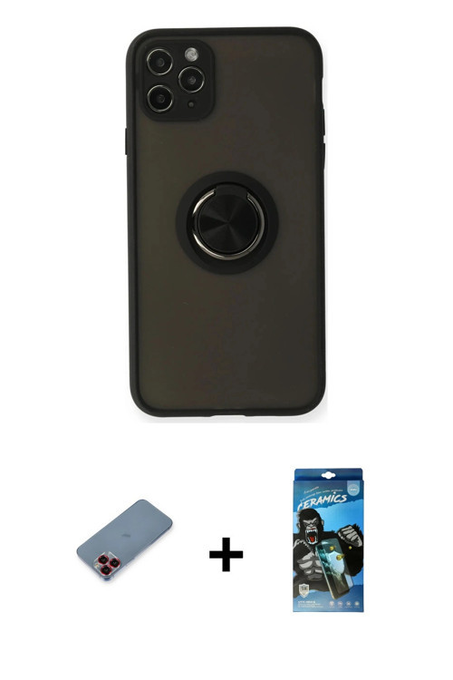 ieg™ iPhone 11 Pro Kılıf Yörünge Çizgi - Siyah 34D Izgaralı Cam + Kırmızı Metal Kamera Lens Koruma C
