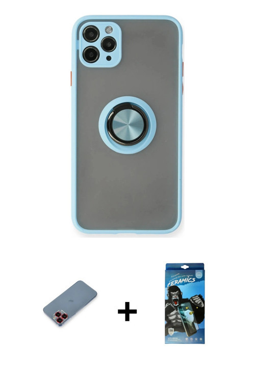 ieg™ iPhone 11 Pro Kılıf Yörünge Çizgi - Siyah 34D Izgaralı Cam + Kırmızı Metal Kamera Lens Koruma C