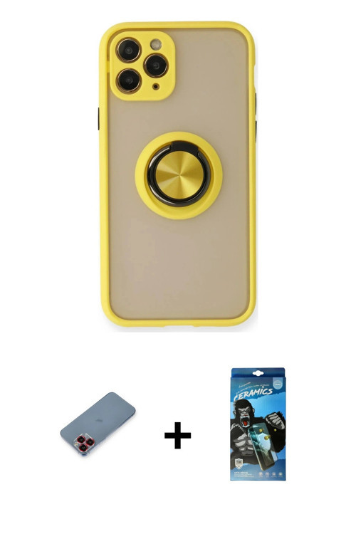ieg™ iPhone 11 Pro Kılıf Yörünge Çizgi - Siyah 34D Izgaralı Cam + Kırmızı Metal Kamera Lens Koruma C