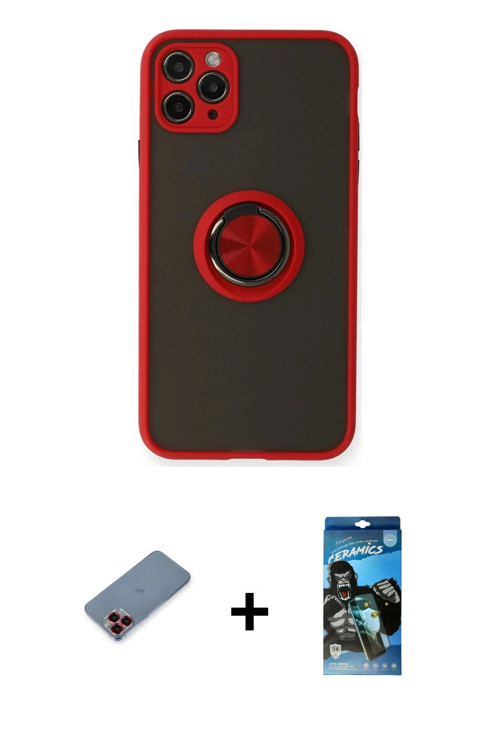 ieg™ iPhone 11 Pro Kılıf Yörünge Çizgi - Siyah 34D Izgaralı Cam + Kırmızı Metal Kamera Lens Koruma C