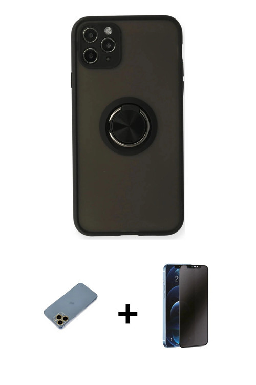 ieg™ iPhone 11 Pro Kılıf Yörünge Çizgi - Siyah 3D Antistatik Hayalet Cam Ekran Koruyucu + Gold Shine