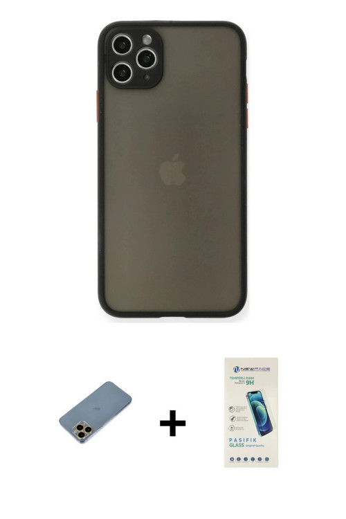 ieg™ iPhone 11 Pro Max Kılıf Ahenk Çizgi Serisi - Şeffaf Pasifik Cam Ekran Koruyucu + Gold Shine Kam