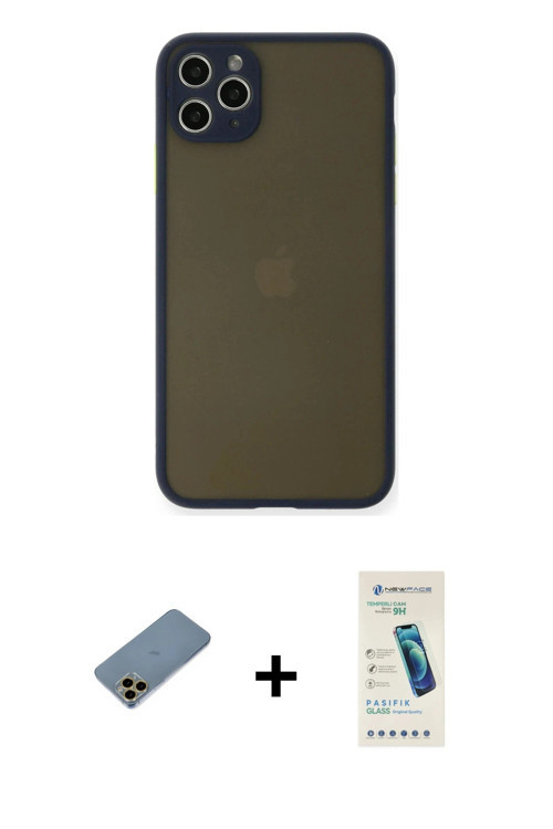 ieg™ iPhone 11 Pro Max Kılıf Ahenk Çizgi Serisi - Şeffaf Pasifik Cam Ekran Koruyucu + Gold Shine Kam