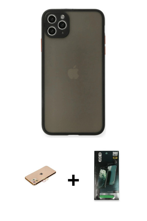 ieg™ iPhone 11 Pro Max Kılıf Ahenk Çizgi Serisi - Şeffaf 360 Full Body Arka Koruyucu + Turuncu Renkl