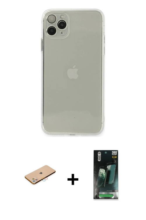 ieg™ iPhone 11 Pro Max Kılıf Ahenk Doku - Şeffaf 360 Full Body Arka Koruyucu + Pembe Renkli Kamera L