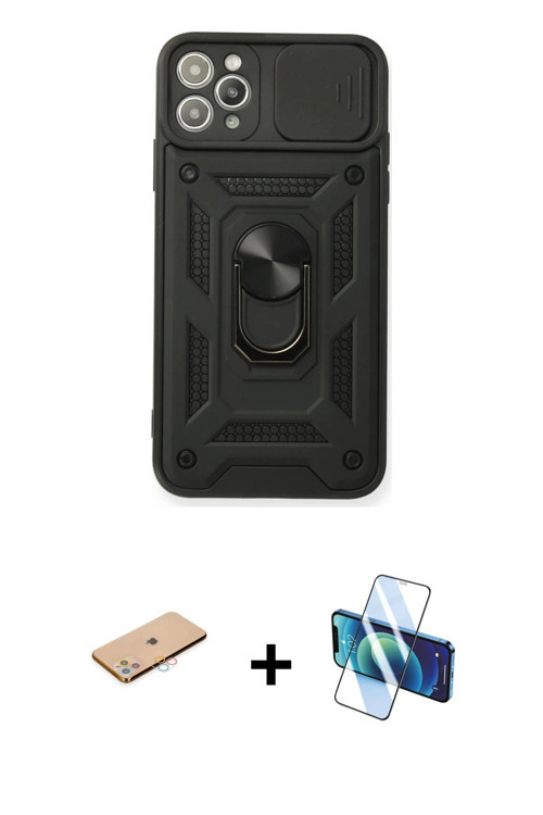 ieg™ iPhone 11 Pro Max Kılıf Ahenk Klasik - Siyah 3D Antistatik Cam Ekran Koruyucu + Pembe Renkli Ka
