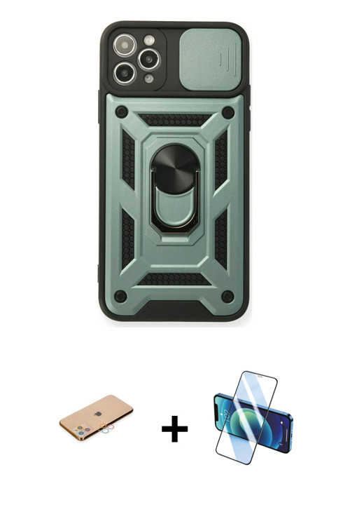 ieg™ iPhone 11 Pro Max Kılıf Ahenk Klasik - Siyah 3D Antistatik Cam Ekran Koruyucu + Pembe Renkli Ka