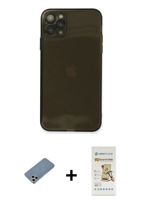 ieg™ iPhone 11 Pro Max Kılıf Ahenk Doku - Siyah Mat Seramik Nano Ekran Koruyucu + Gümüş Shine Kamera