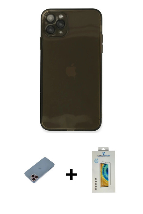 ieg™ iPhone 11 Pro Max Kılıf Ahenk Doku - Siyah Polymer Nano Ekran Koruyucu + Pembe Shine Kamera Len