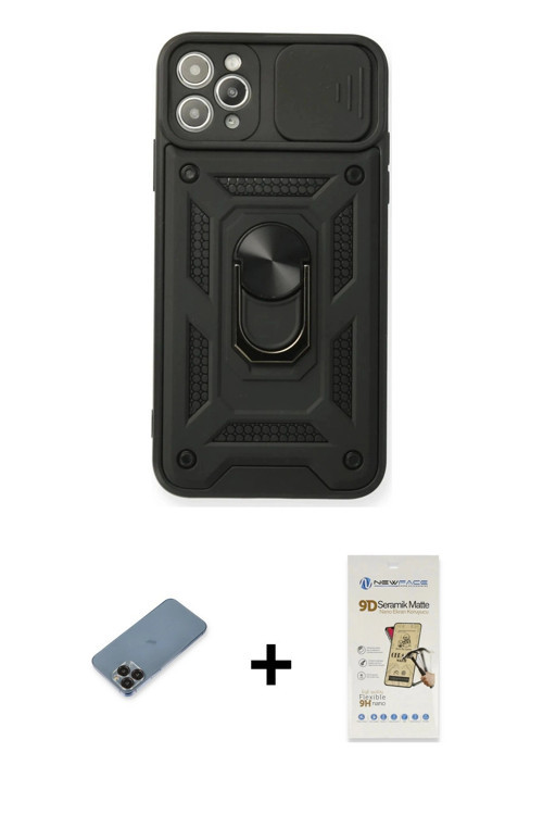 ieg™ iPhone 11 Pro Max Kılıf Ahenk Klasik - Siyah Mat Seramik Nano Ekran Koruyucu + Siyah Metal Kame
