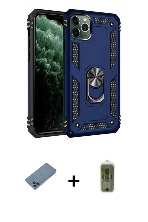 ieg™ iPhone 11 Pro Max Kılıf Ahenk Klasik Koleksiyonu - Siyah Joko Magic 5D Hayalet Cam + Mavi Shine