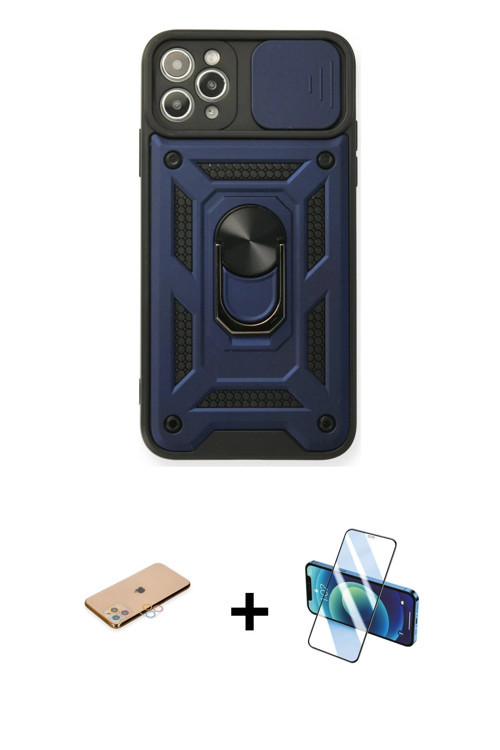ieg™ iPhone 11 Pro Max Kılıf Ahenk Klasik - Siyah 3D Antistatik Cam Ekran Koruyucu + Pembe Renkli Ka