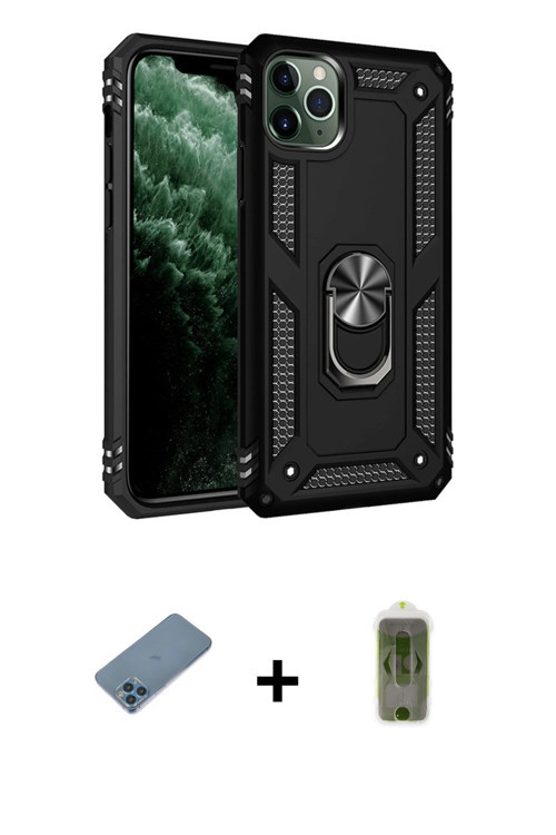 ieg™ iPhone 11 Pro Max Kılıf Ahenk Klasik Koleksiyonu - Siyah Joko Magic 5D Hayalet Cam + Mavi Shine
