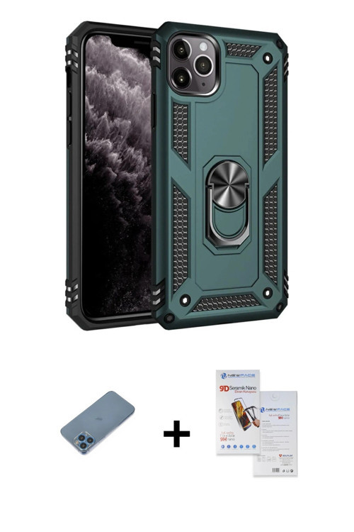 ieg™ iPhone 11 Pro Max Kılıf Ahenk Klasik Koleksiyonu - Siyah Seramik Nano Ekran Koruyucu + Mavi Shi