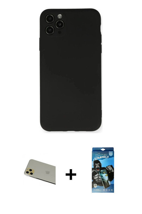 ieg™ iPhone 11 Pro Max Kılıf Ahenk Serisi - Siyah 34D Izgaralı Cam + Gold Rainbow Kamera Lens Koruma