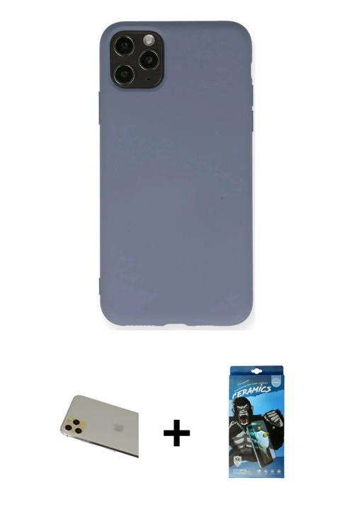 ieg™ iPhone 11 Pro Max Kılıf Ahenk Serisi - Siyah 34D Izgaralı Cam + Gold Rainbow Kamera Lens Koruma