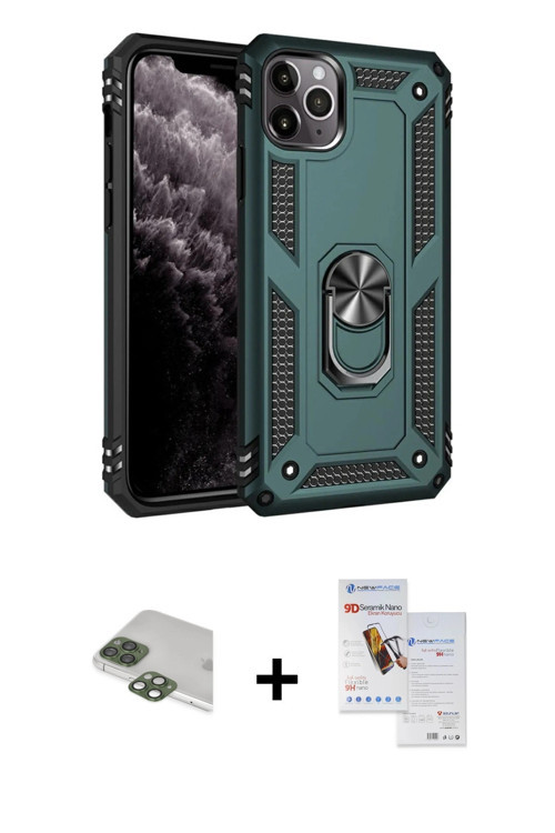 ieg™ iPhone 11 Pro Max Kılıf Ahenk Klasik Koleksiyonu - Siyah Seramik Nano Ekran Koruyucu + Yeşil Pe
