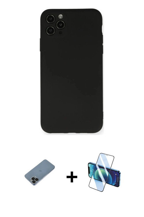 ieg™ iPhone 11 Pro Max Kılıf Ahenk Serisi - Siyah 3D Antistatik Cam Ekran Koruyucu + Siyah Shine Kam