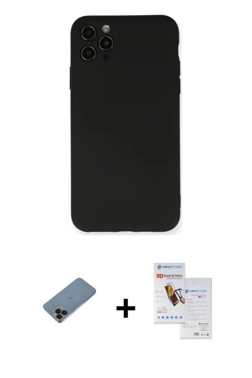 ieg™ iPhone 11 Pro Max Kılıf Ahenk Serisi - Siyah Seramik Nano Ekran Koruyucu + Siyah Shine Kamera L