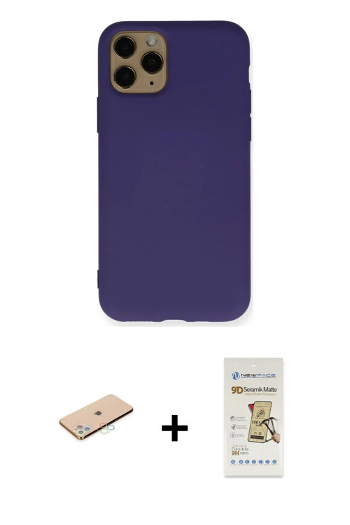 ieg™ iPhone 11 Pro Max Kılıf Ahenk Serisi - Siyah Mat Seramik Nano Ekran Koruyucu + Mavi Renkli Kame