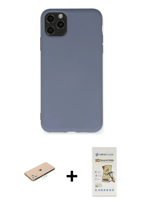 ieg™ iPhone 11 Pro Max Kılıf Ahenk Serisi - Siyah Mat Seramik Nano Ekran Koruyucu + Mavi Renkli Kame