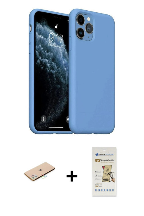 ieg™ iPhone 11 Pro Max Kılıf Ahenk Serisi - Siyah Mat Seramik Nano Ekran Koruyucu + Mavi Renkli Kame