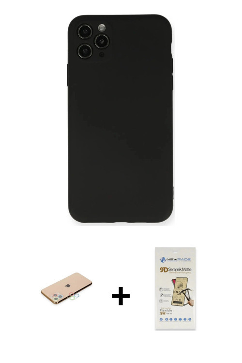 ieg™ iPhone 11 Pro Max Kılıf Ahenk Serisi - Siyah Mat Seramik Nano Ekran Koruyucu + Mavi Renkli Kame
