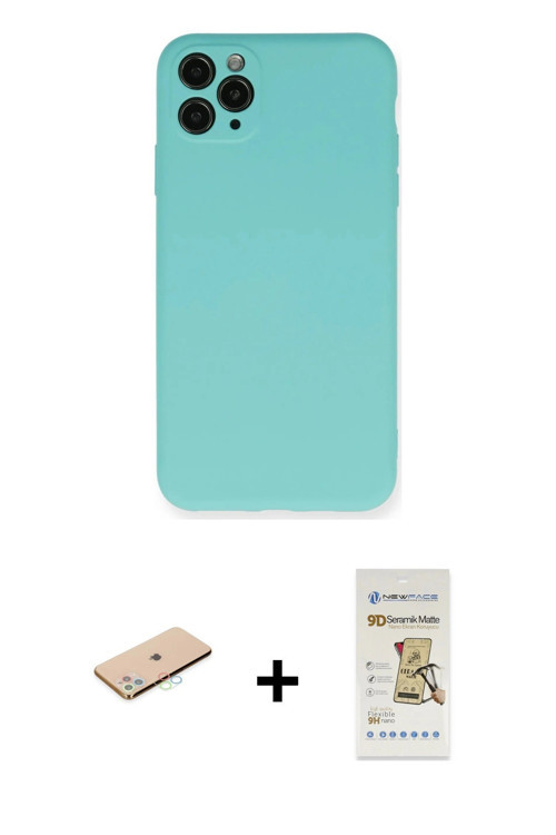 ieg™ iPhone 11 Pro Max Kılıf Ahenk Serisi - Siyah Mat Seramik Nano Ekran Koruyucu + Mavi Renkli Kame