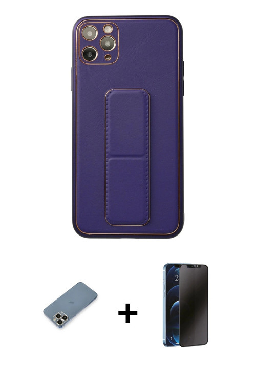 ieg™ iPhone 11 Pro Max Kılıf Akış Doku - Siyah 3D Antistatik Hayalet Cam Ekran Koruyucu + Gold Metal