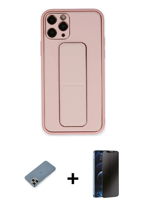 ieg™ iPhone 11 Pro Max Kılıf Akış Doku - Siyah 3D Antistatik Hayalet Cam Ekran Koruyucu + Gold Metal