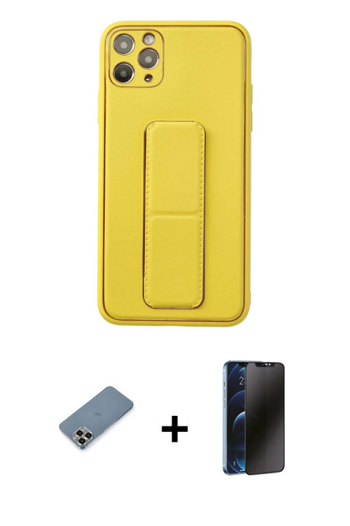 ieg™ iPhone 11 Pro Max Kılıf Akış Doku - Siyah 3D Antistatik Hayalet Cam Ekran Koruyucu + Gold Metal