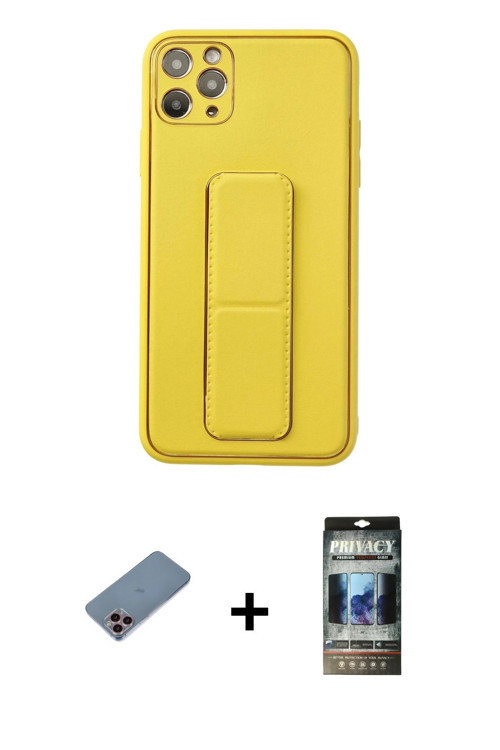 ieg™ iPhone 11 Pro Max Kılıf Akış Doku - Siyah 34D Hayalet Izgaralı Cam + Pembe Shine Kamera Lens Ko