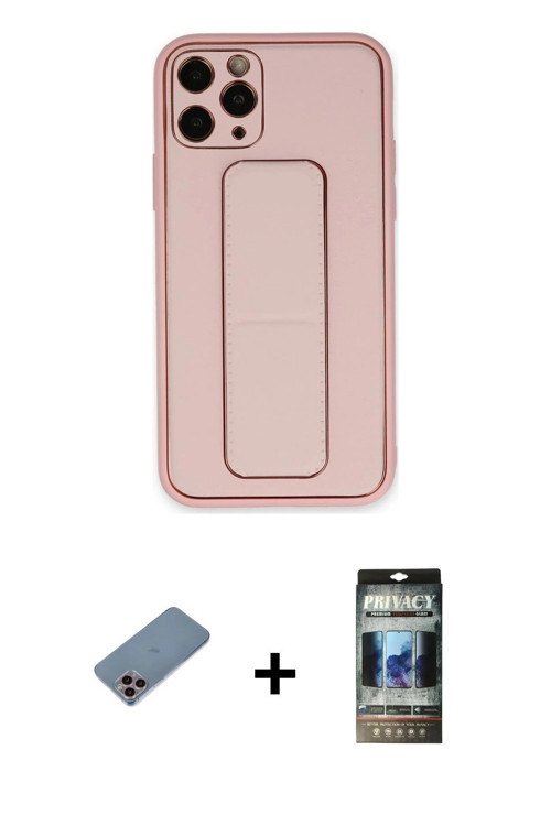 ieg™ iPhone 11 Pro Max Kılıf Akış Doku - Siyah 34D Hayalet Izgaralı Cam + Pembe Shine Kamera Lens Ko