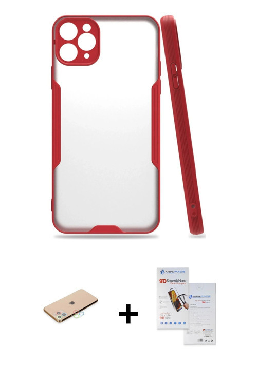 ieg™ iPhone 11 Pro Max Kılıf Atlas Asil Serisi - Siyah Seramik Nano Ekran Koruyucu + Mavi Renkli Kam