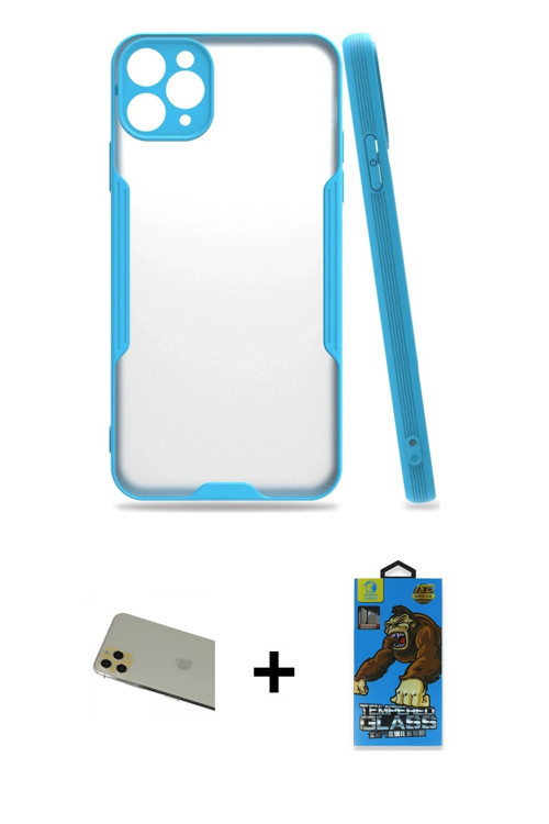 ieg™ iPhone 11 Pro Max Kılıf Atlas Asil Serisi - Siyah 18D Cam Ekran Koruyucu + Gold Rainbow Kamera
