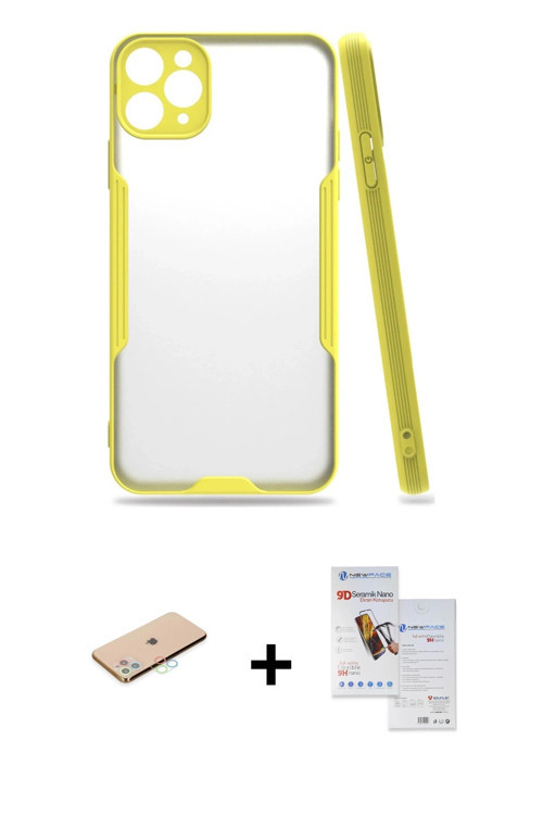 ieg™ iPhone 11 Pro Max Kılıf Atlas Asil Serisi - Siyah Seramik Nano Ekran Koruyucu + Mavi Renkli Kam