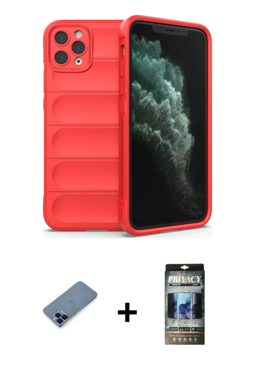 ieg™ iPhone 11 Pro Max Kılıf Atlas Koleksiyonu - Siyah 34D Hayalet Izgaralı Cam + Mavi Metal Kamera