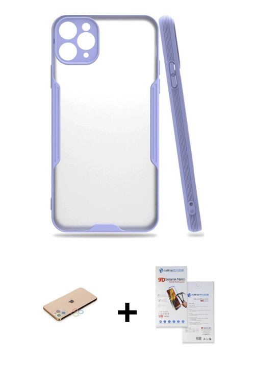 ieg™ iPhone 11 Pro Max Kılıf Atlas Asil Serisi - Siyah Seramik Nano Ekran Koruyucu + Mavi Renkli Kam