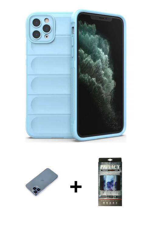 ieg™ iPhone 11 Pro Max Kılıf Atlas Koleksiyonu - Siyah 34D Hayalet Izgaralı Cam + Mavi Metal Kamera