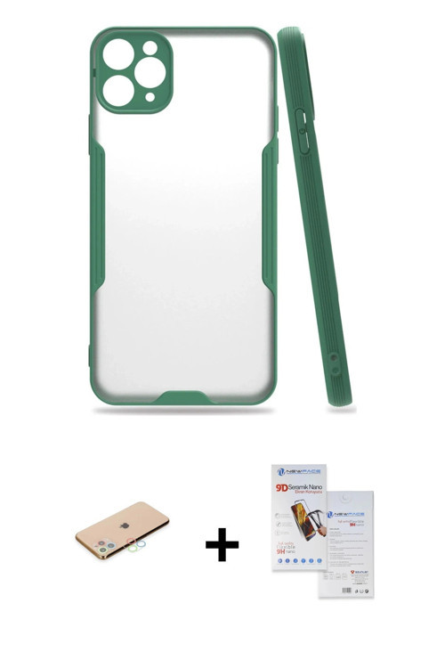 ieg™ iPhone 11 Pro Max Kılıf Atlas Asil Serisi - Siyah Seramik Nano Ekran Koruyucu + Mavi Renkli Kam