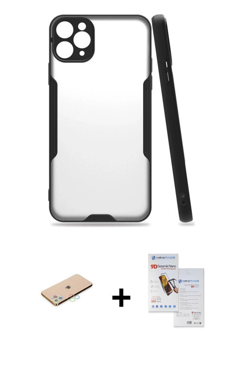 ieg™ iPhone 11 Pro Max Kılıf Atlas Asil Serisi - Siyah Seramik Nano Ekran Koruyucu + Mavi Renkli Kam