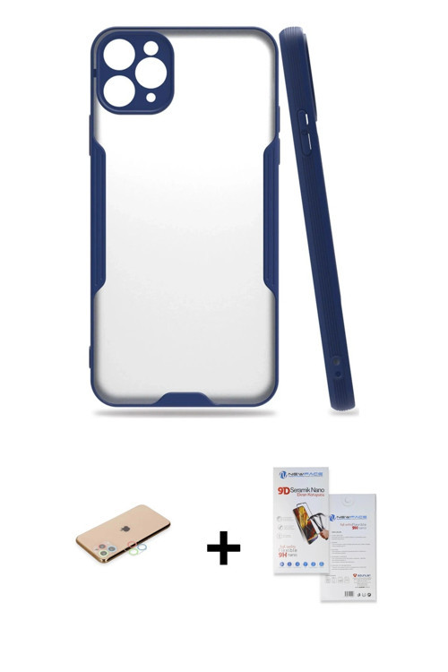 ieg™ iPhone 11 Pro Max Kılıf Atlas Asil Serisi - Siyah Seramik Nano Ekran Koruyucu + Mavi Renkli Kam