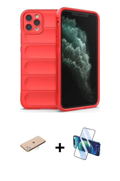 ieg™ iPhone 11 Pro Max Kılıf Atlas Koleksiyonu - Siyah 3D Antistatik Cam Ekran Koruyucu + Mavi Renkl