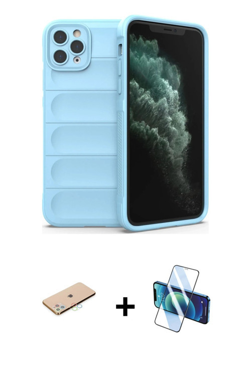ieg™ iPhone 11 Pro Max Kılıf Atlas Koleksiyonu - Siyah 3D Antistatik Cam Ekran Koruyucu + Mavi Renkl