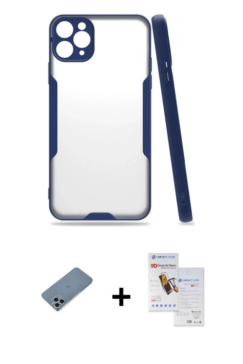 ieg™ iPhone 11 Pro Max Kılıf Atlas Asil Serisi - Siyah Seramik Nano Ekran Koruyucu + Sierra Blue Shi